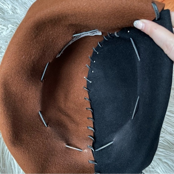 Christine A. Moore Colorblock Brown Black Felt Leather Whipstitch Hat One Size - Picture 6 of 8